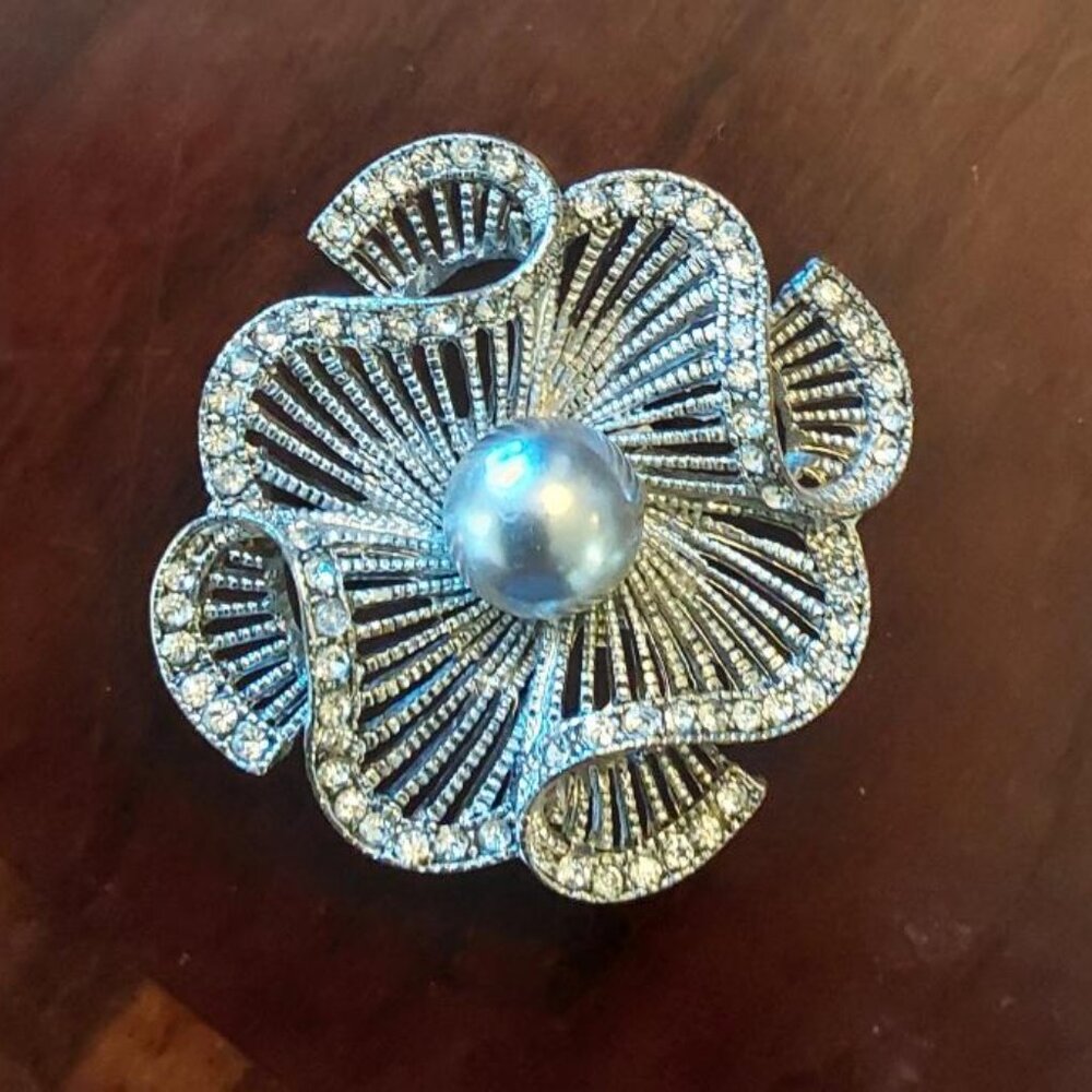Alexis Bittar Open Work Rhinestone Pearl Flower Brooch